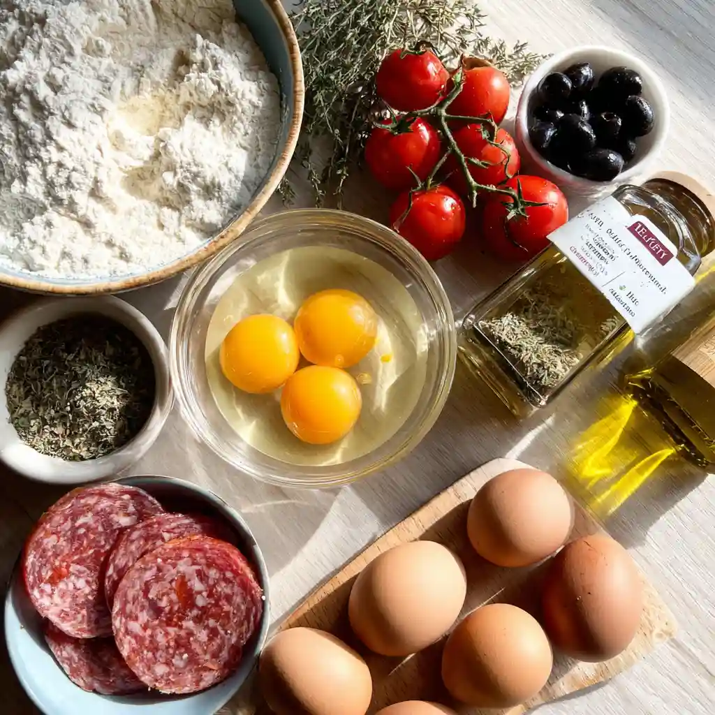 Recette muffins salés apéritif : tous les ingrédients disposés sur plan de travail - farine, œufs, salami, fromage râpé, tomates fraîches et herbes de Provence