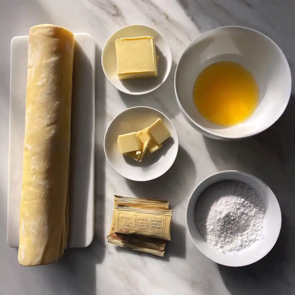 Ingrédients pour recette des palmiers authentique - pâte feuilletée, beurre doux, sucres sur marbre