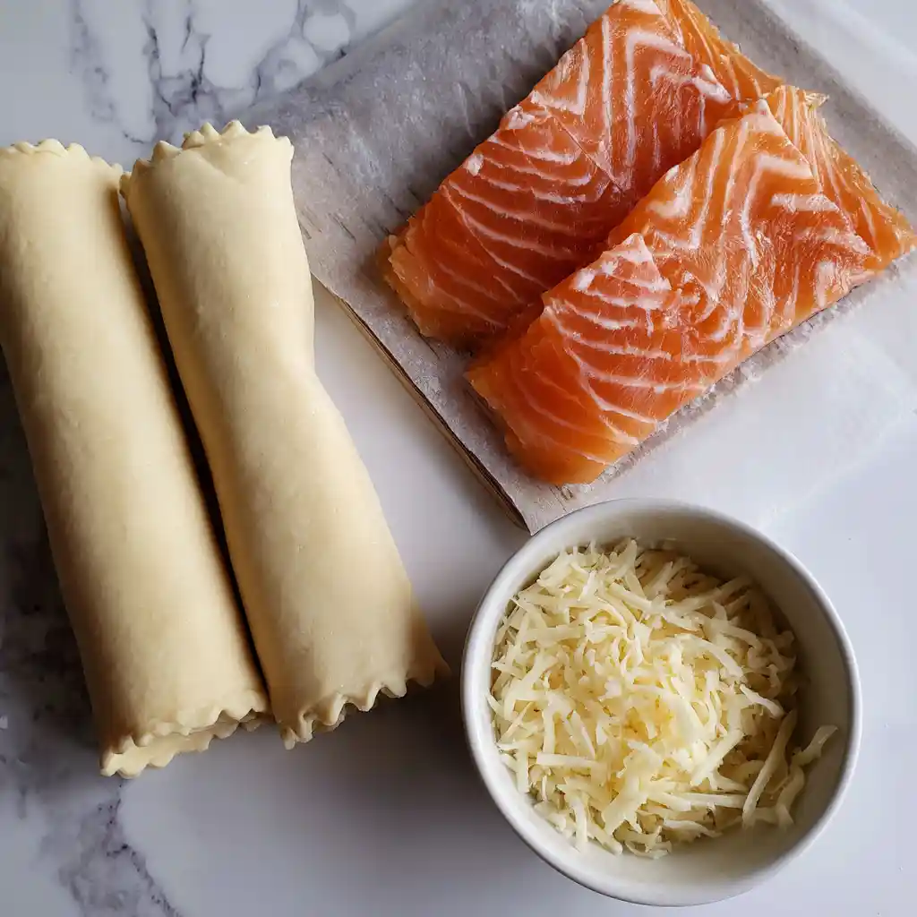 Ingrédients roulé au saumon : pâte feuilletée, saumon fumé, gruyère