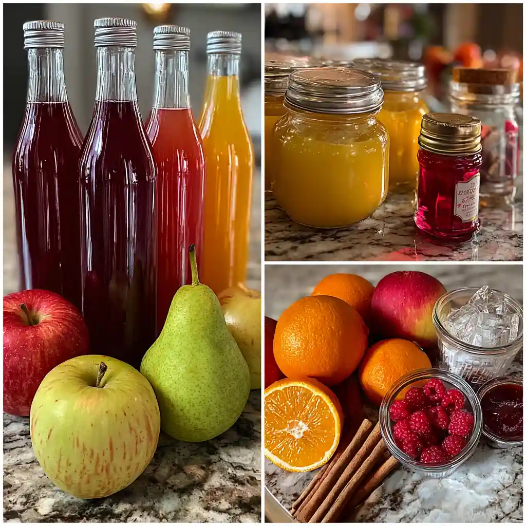 Ingrédients pour sangria sans alcool : jus de raisin, fruits frais, sirops disposés sur plan de travail