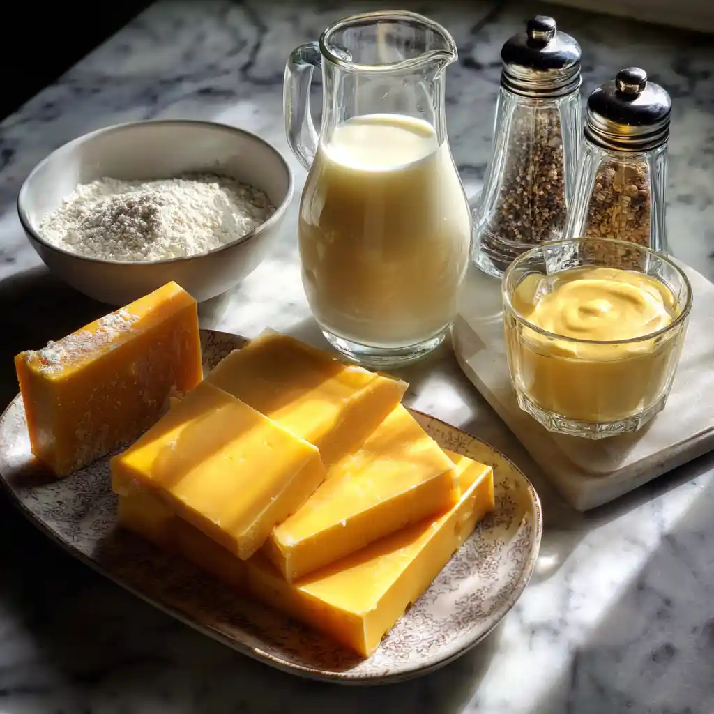 Ingrédients pour sauce au fromage : cheddar, beurre, farine, lait et épices sur plan de travail