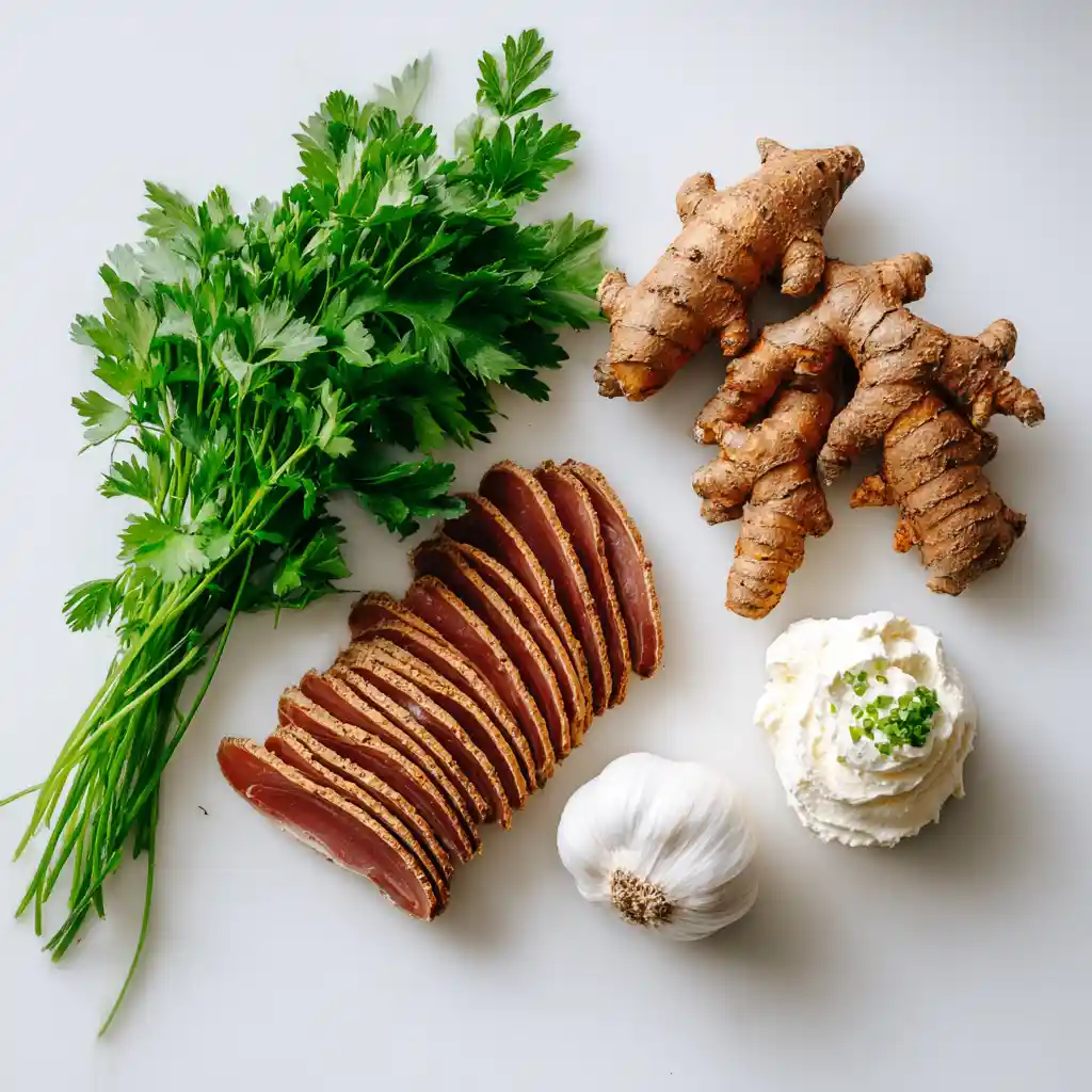 Ingrédients pour toast apéritif : pain d'épices, magret de canard fumé, fromage frais, persil pour recette Chef Benoît