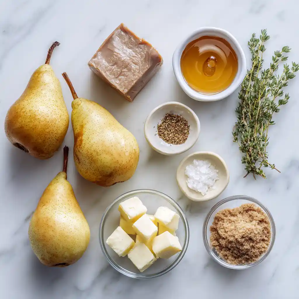 Ingrédients pour apéritif en verrine : poires Rocha, foie gras, miel d'acacia, beurre et épices quatre épices