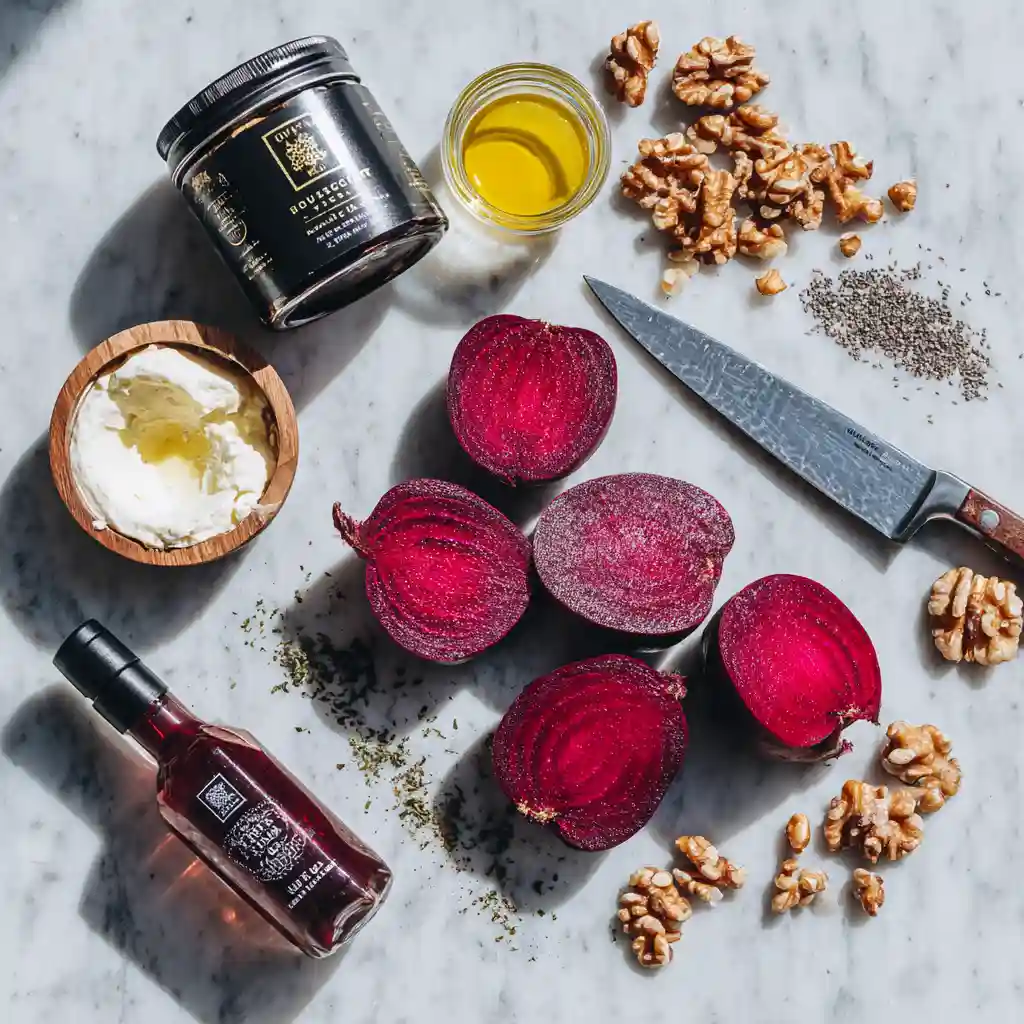 Ingrédients pour verrine betterave : betteraves cuites, fromage ail fines herbes, vinaigre balsamique, miel, noix