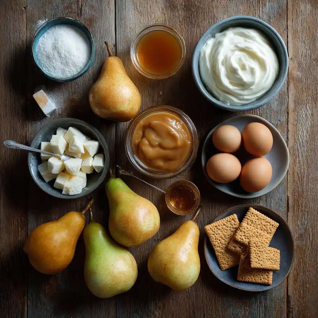 Ingrédients pour verrine poire caramel mascarpone disposés sur plan de travail : mascarpone, poires au sirop, œufs, sucre, palets bretons, caramel