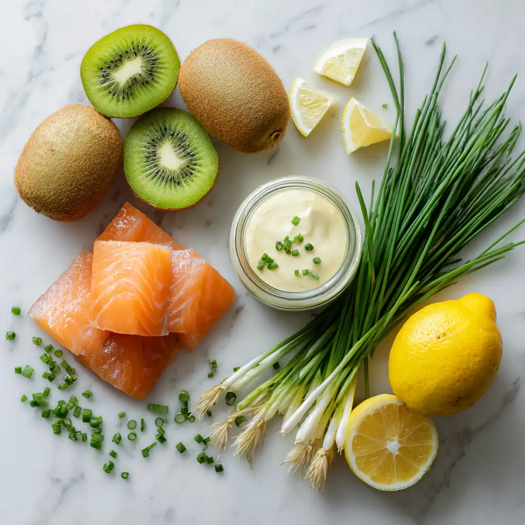 Ingrédients frais pour verrines bicolores kiwi-saumon - kiwis, saumon fumé, crème, ciboulette