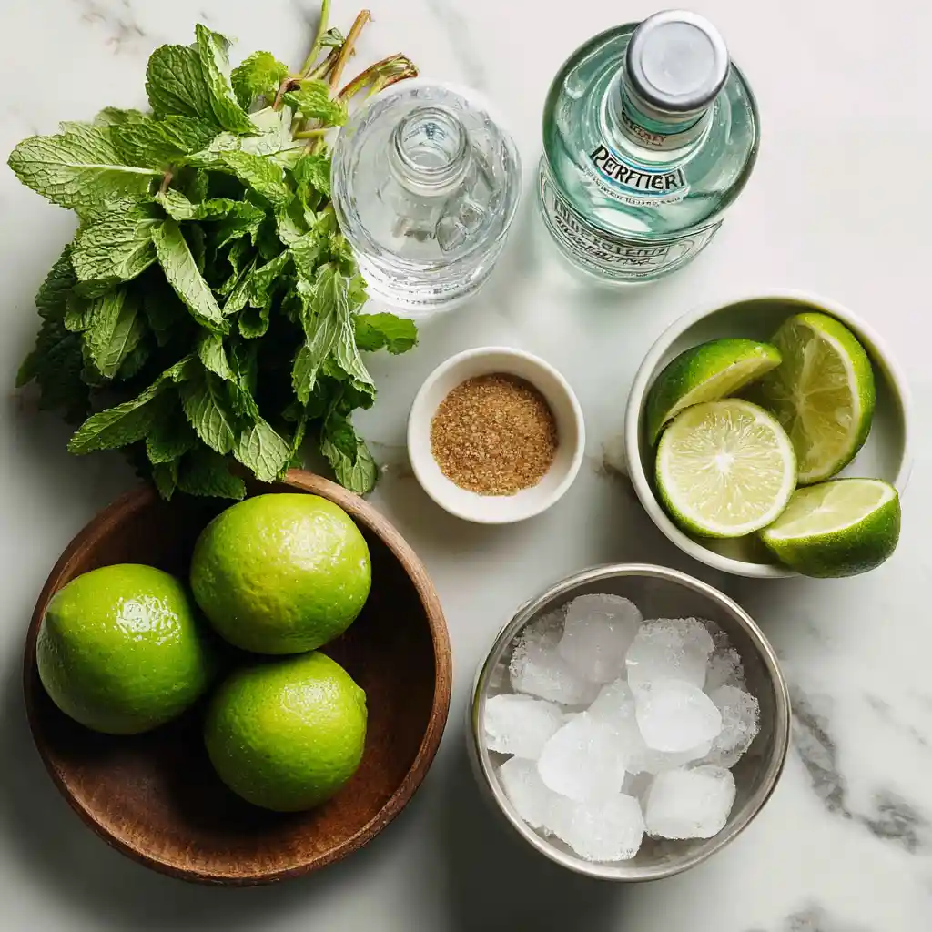 Mise en place ingrédients virgin mojito : citron vert bio, menthe fraîche, sucre roux, eau gazeuse style chef professionnel
