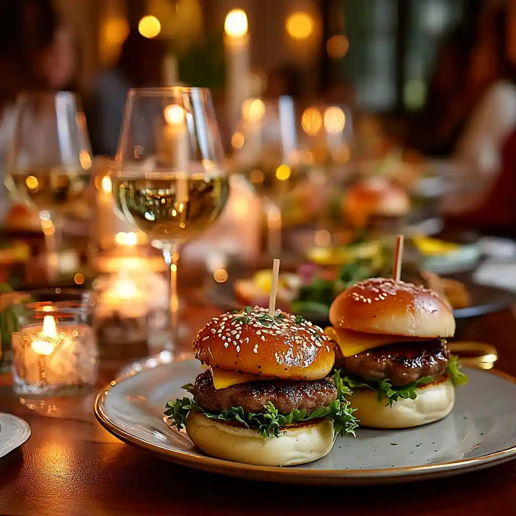 Mini hamburgers apéritifs servis lors d'un apéritif avec verres de vin blanc sur table festive
