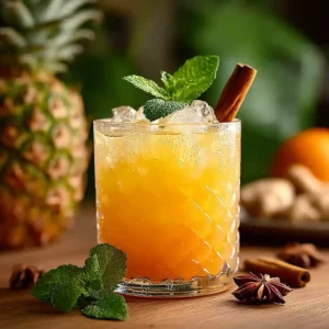 Recette mocktail à l'ananas sans alcool - image carte recette WordPress, mocktail à l'ananas avec ingrédients visibles