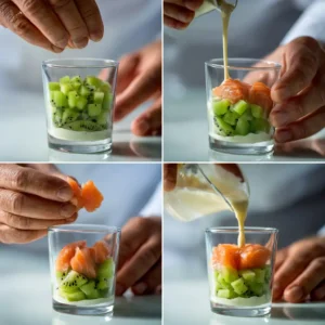 Technique de montage des verrines bicolores kiwi-saumon - assemblage couche par couche