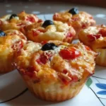 Recette muffins salés apéritif du Chef Benoît : 6 muffins dorés garnis de salami, fromage et olives sur planche de service