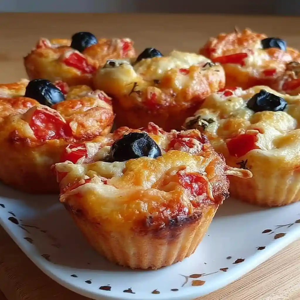 Recette muffins salés apéritif du Chef Benoît : 6 muffins dorés avec salami, fromage râpé et olives noires sur planche bois