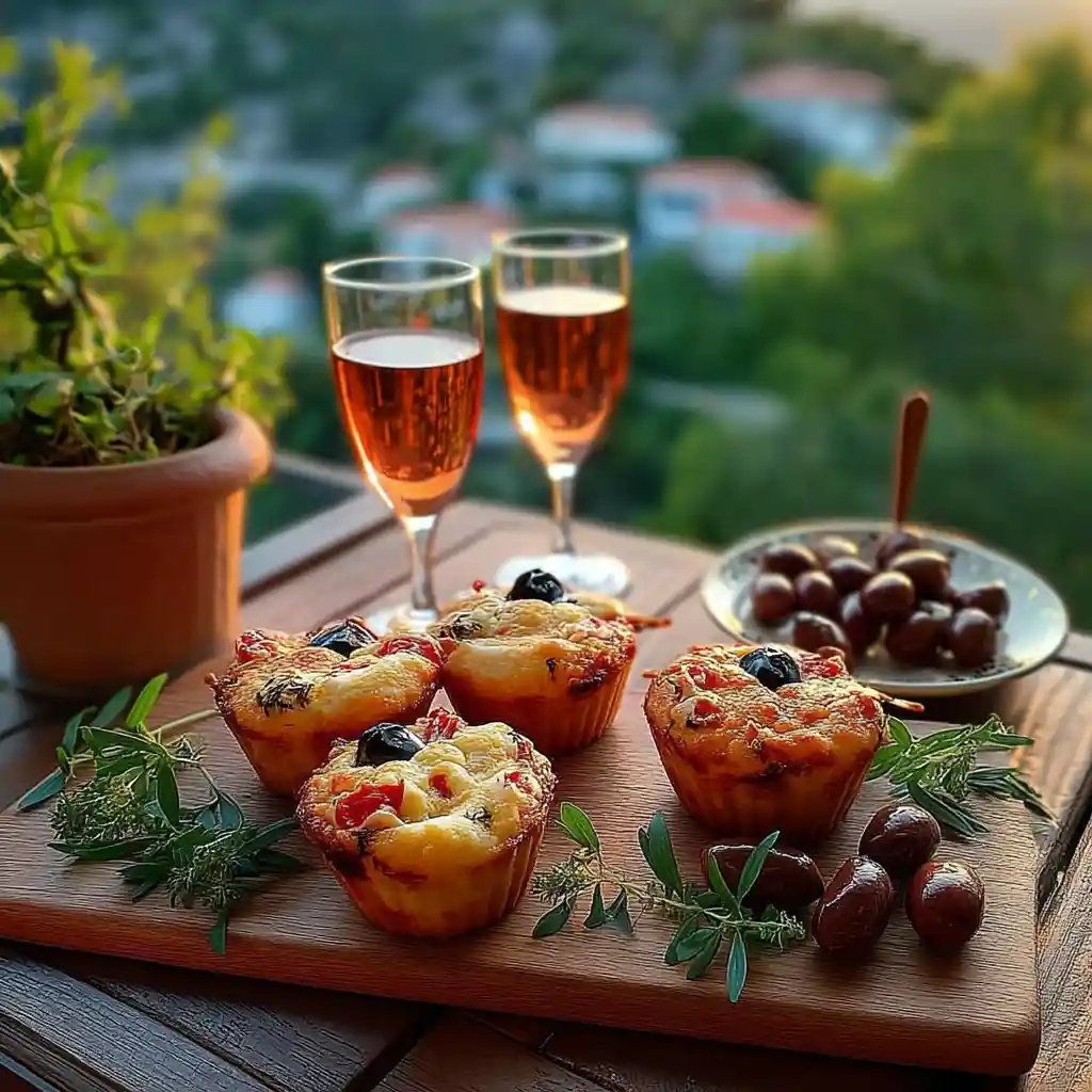 Recette muffins salés apéritif servie lors d'un apéro convivial avec vin rosé et olives sur plateau bois