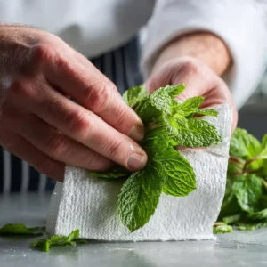 Mains nettoyant délicatement des feuilles de menthe fraîche avec papier absorbant pour mocktail à l'ananas, préparation mocktail à l'ananas étape 1