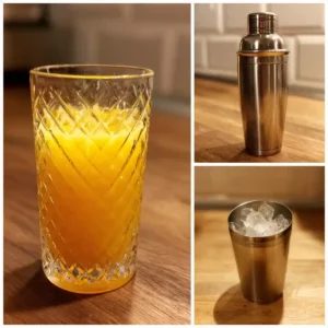 Étape 1 cocktail sans alcool facile - Mélange des jus de citron, orange et ananas dans un shaker avec glace pilée