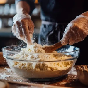 Recette muffins salés apéritif étape 1 : préparation de la pâte en mélangeant farine et œufs dans saladier