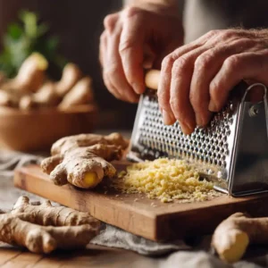 Mains râpant du gingembre frais sur une râpe fine pour préparer la boisson gingembre citron énergisante