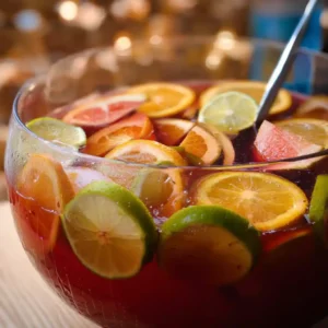 Recette punch sans alcool de Chef Benoît dans saladier en verre avec fruits colorés, présentation complète pour WP Recipe Maker