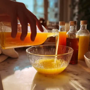 Étape 1 punch sans alcool : versement délicat jus d'orange et ananas dans grand saladier en verre avec sirop sucre de canne