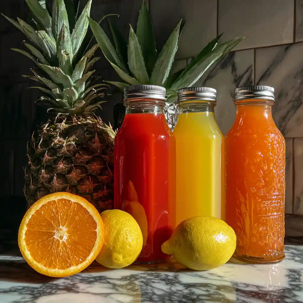Tous ingrédients punch sans alcool disposés : jus orange ananas, fruits frais, sirop canne, limonade pour recette Chef Benoît