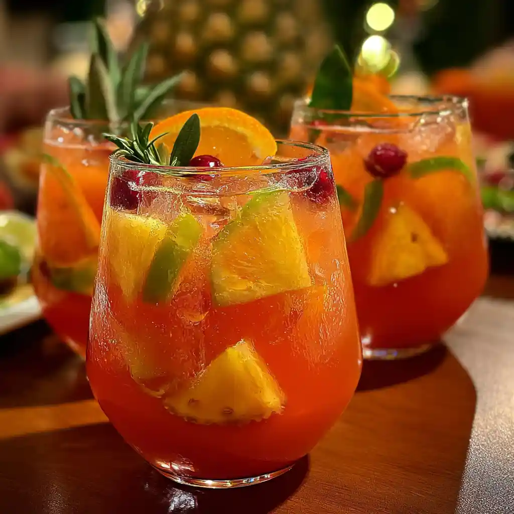 Punch sans alcool de Chef Benoît servi dans verres transparents avec fruits frais flottants, glaçons et présentation festive pour famille
