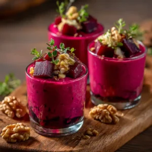 Recette verrine betterave et fromage frais présentée dans de jolies verrines avec cerneaux de noix
