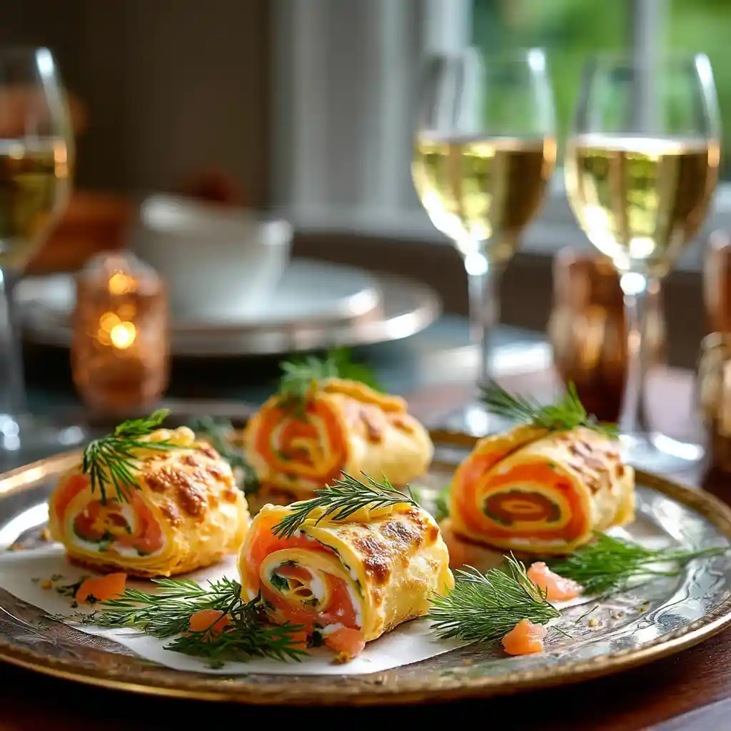 Plateau apéritif avec roulé au saumon servi avec vin blanc