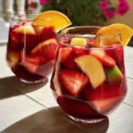 Sangria sans alcool du Chef Benoît dans jarre en verre avec fruits frais colorés - recette familiale