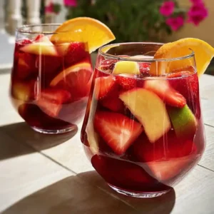 Sangria sans alcool du Chef Benoît dans jarre en verre avec fruits frais colorés - recette familiale