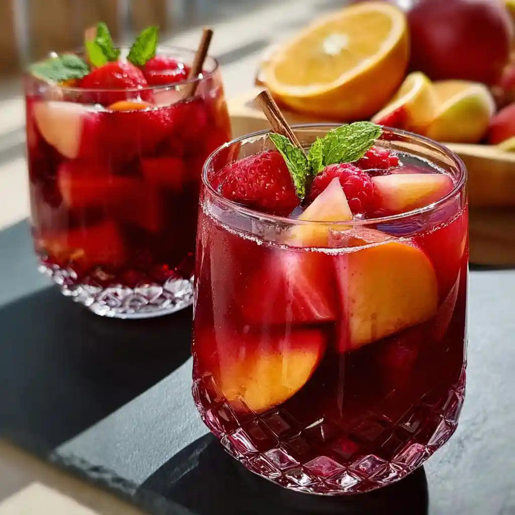 Sangria sans alcool dans une grande jarre en verre avec fruits frais colorés - recette Chef Benoît