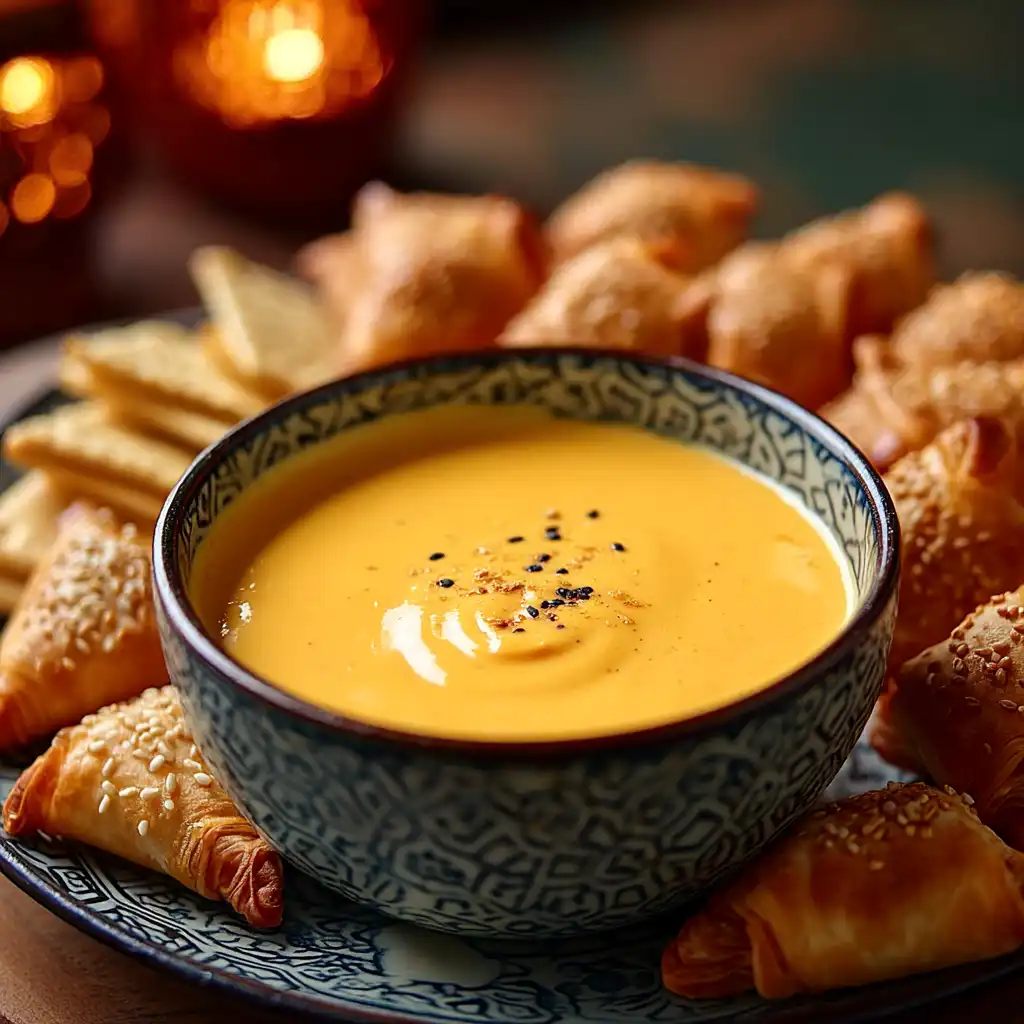 Sauce au fromage crémeuse servie avec toasts et feuilletés pour apéritif élégant