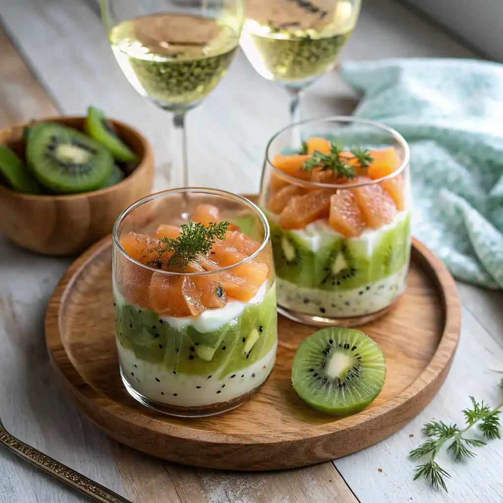 Service des verrines bicolores kiwi-saumon lors d'apéritif élégant avec vins blancs