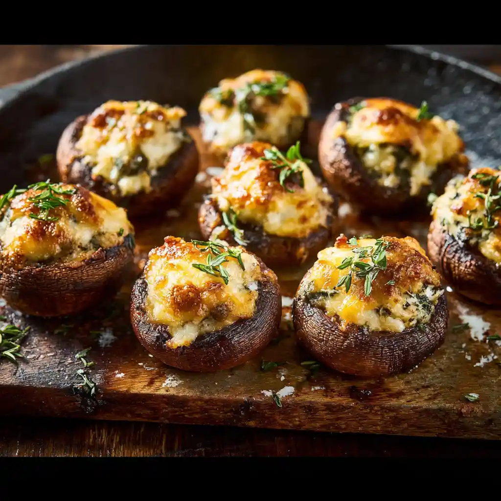 Service champignons farcis apéritif sur planche bois avec herbes fraîches presentation elegante