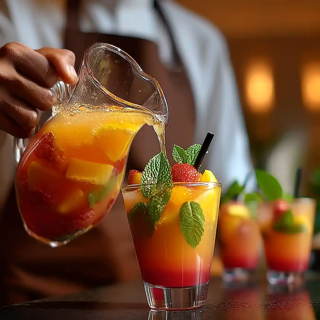 Service élégant du cocktail fruits sans alcool versé depuis un pichet vers des verres refroidis