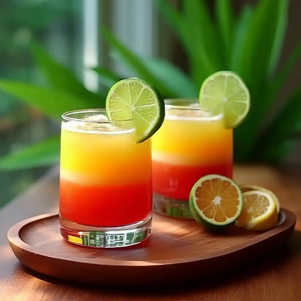 Deux verres de cocktail sans alcool simple Rio servis sur plateau avec quartiers de citron vert, parfait pour famille