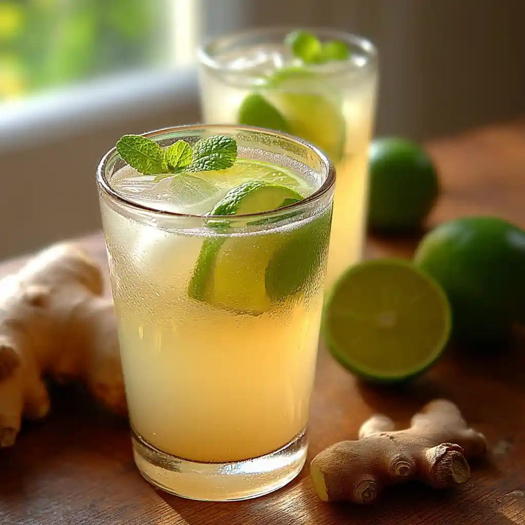 Deux verres de boisson au gingembre et citron élégamment disposés sur une table en bois pour un moment de partage