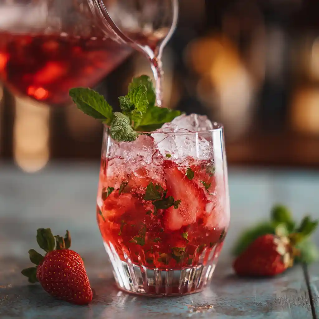 Service du cocktail sans alcool aux fraises et menthe dans des verres élégants avec décoration