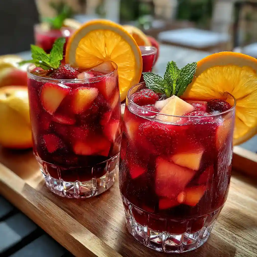 Service sangria sans alcool en verres avec glaçons et tranches d'orange - présentation Chef Benoît