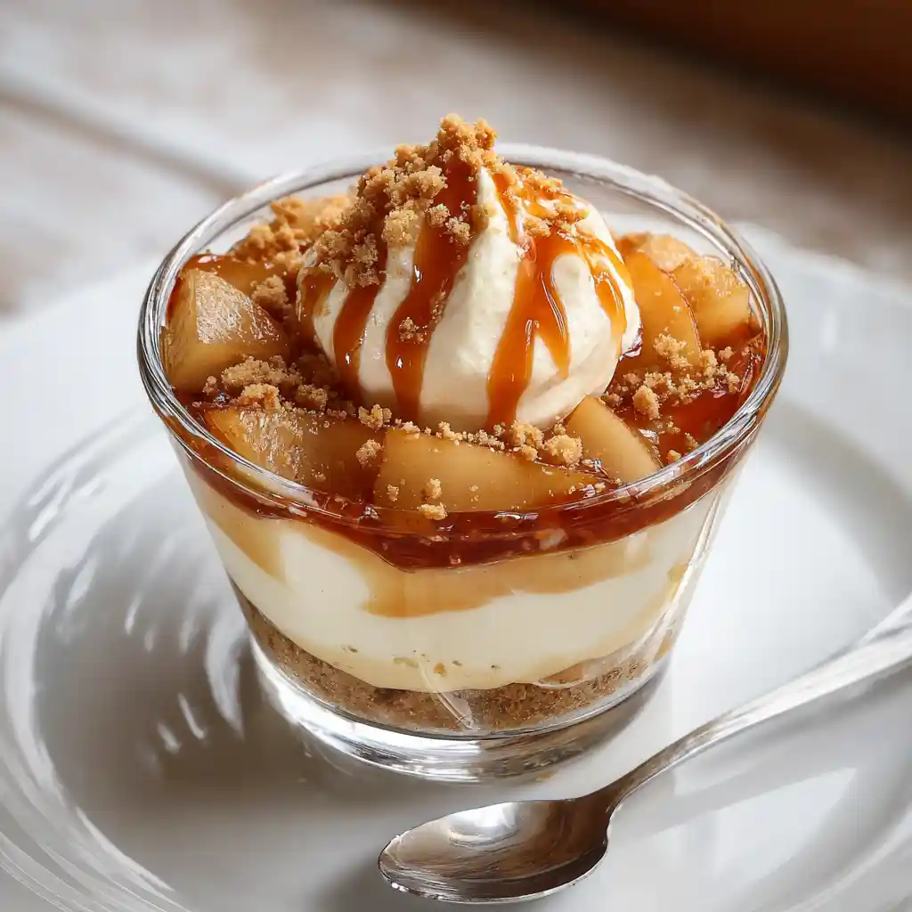 Verrine mascarpone poire caramel servie élégamment sur assiette blanche avec petite cuillère, garnie de caramel et miettes de biscuits, présentation restaurant