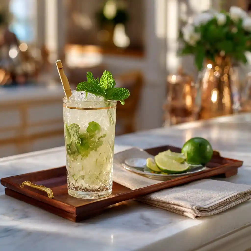 Service virgin mojito cocktail sans alcool avec décoration menthe fraîche et paille écologique