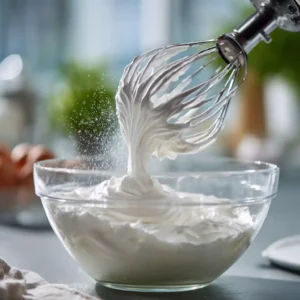 Chef incorporant délicatement la meringue dans le mascarpone avec une spatule en bois, technique professionnelle pour verrine poire caramel mascarpone