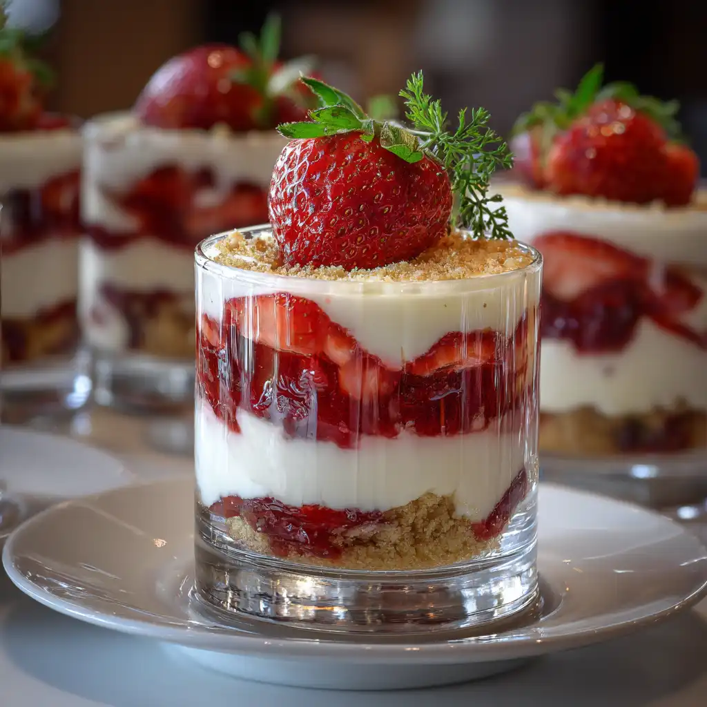Tiramisu aux fraises en verrines fini - présentation restaurant Chef Benoît avec fraise décorative