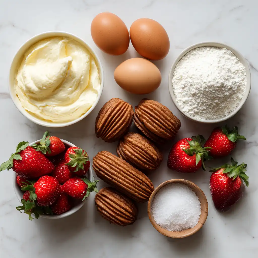 Ingrédients tiramisu en verrine : mascarpone, œufs frais, fraises saison, palets bretons disposés sur marbre
