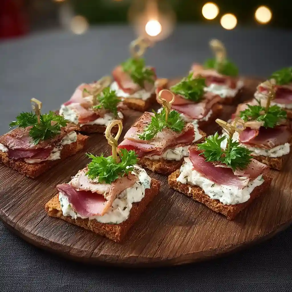 Toast apéritif au magret de canard fumé sur pain d'épices avec fromage frais persillé, recette du Chef Benoît