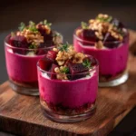 Verrine betterave rouge et fromage frais dans des verrines transparentes, recette facile de Chef Benoît