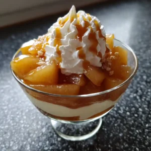Verrine mascarpone poire caramel avec couches de crème, biscuits, poires et caramel, recette Chef Benoît