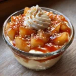Verrine mascarpone poire caramel avec couches visibles de crème, biscuits émiettés, dés de poire et caramel au beurre salé, présentée dans un verre transparent
