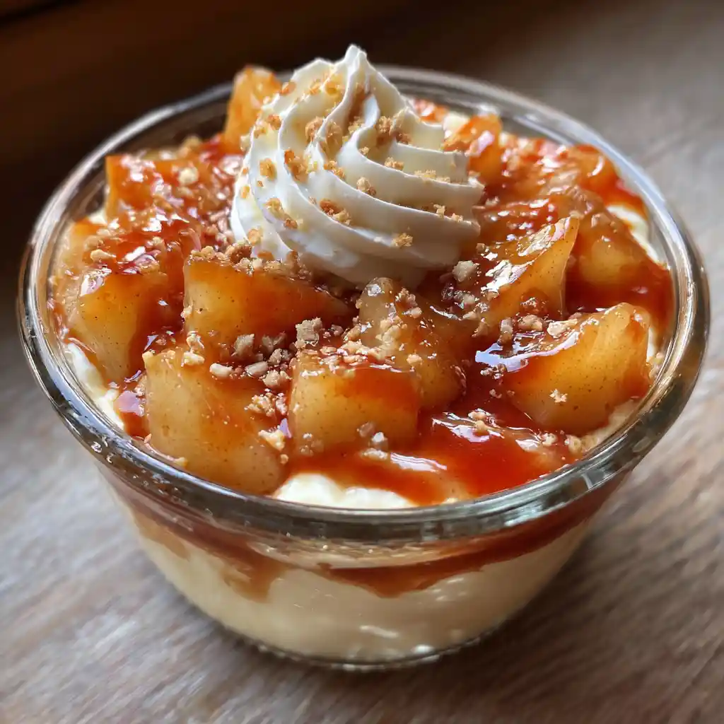 Verrine mascarpone poire caramel avec couches visibles de crème, biscuits émiettés, dés de poire et caramel au beurre salé, présentée dans un verre transparent
