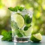 Virgin mojito cocktail sans alcool dans un grand verre avec menthe fraîche, citron vert et glaçons, recette de Chef Benoît