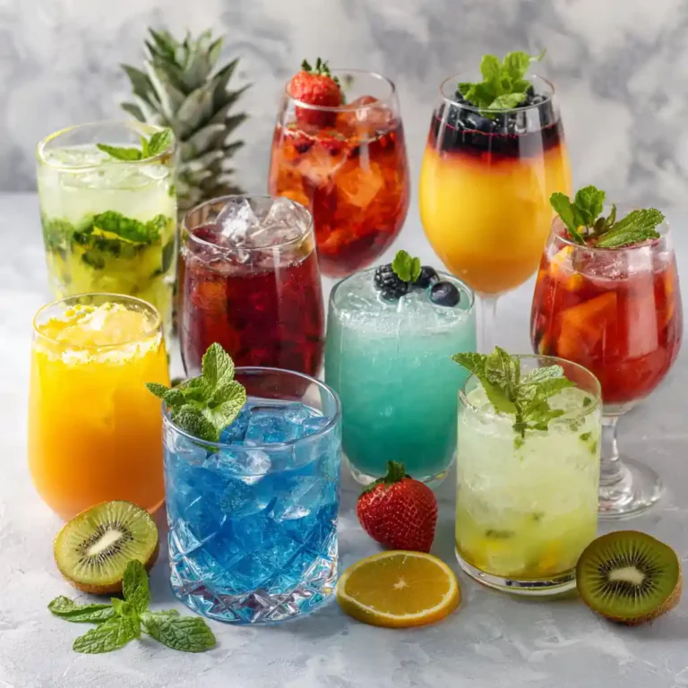 Collection complète de 10 cocktails apéritif sans alcool colorés du Chef Benoît disposés sur table méditerranéenne